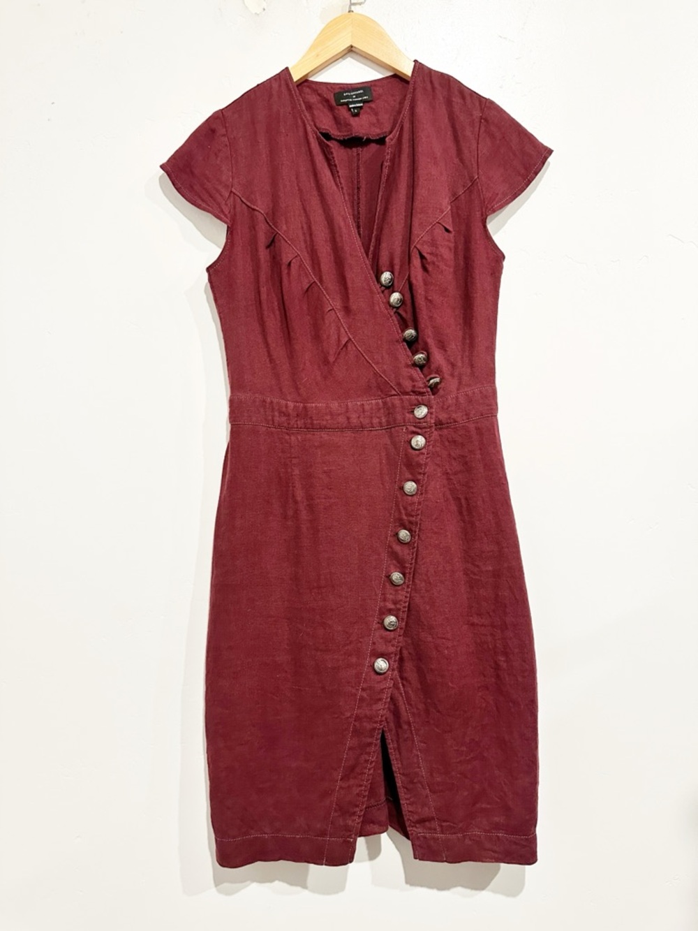 EFL Apparel Burgundy Button Front Linen Dress Size Small